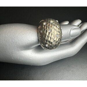 Vintage Silver-Tone Textured‎ Dome Ring With Rhinestones Accent